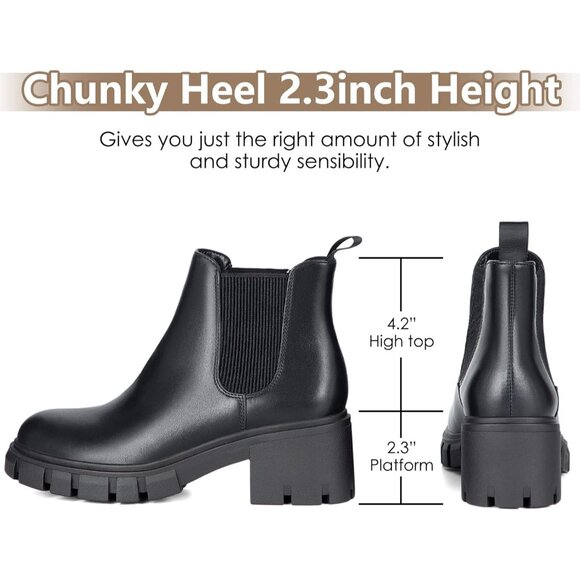 Women's Black Chelsea Boots Fashion Lug Sole Chunky Heel Slip on Elastic Ankle - Picture 3 of 6